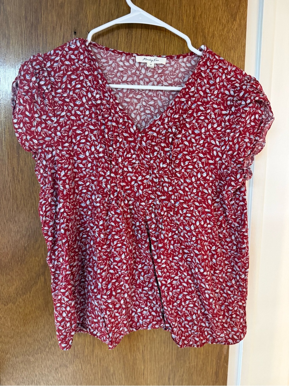 Monday Fun Stitch Fix Red Floral V-Neck Short Sleeve Blouse by Nobody's Fox